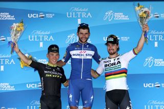 Fernando Gaviria (Quick-Step) tops the podium after stage 5 of the 2018 Tour of California, having got the better of Caleb Ewan (Mitchelton-Scott) and world champion Peter Sagan (Bora-Hansgrohe)