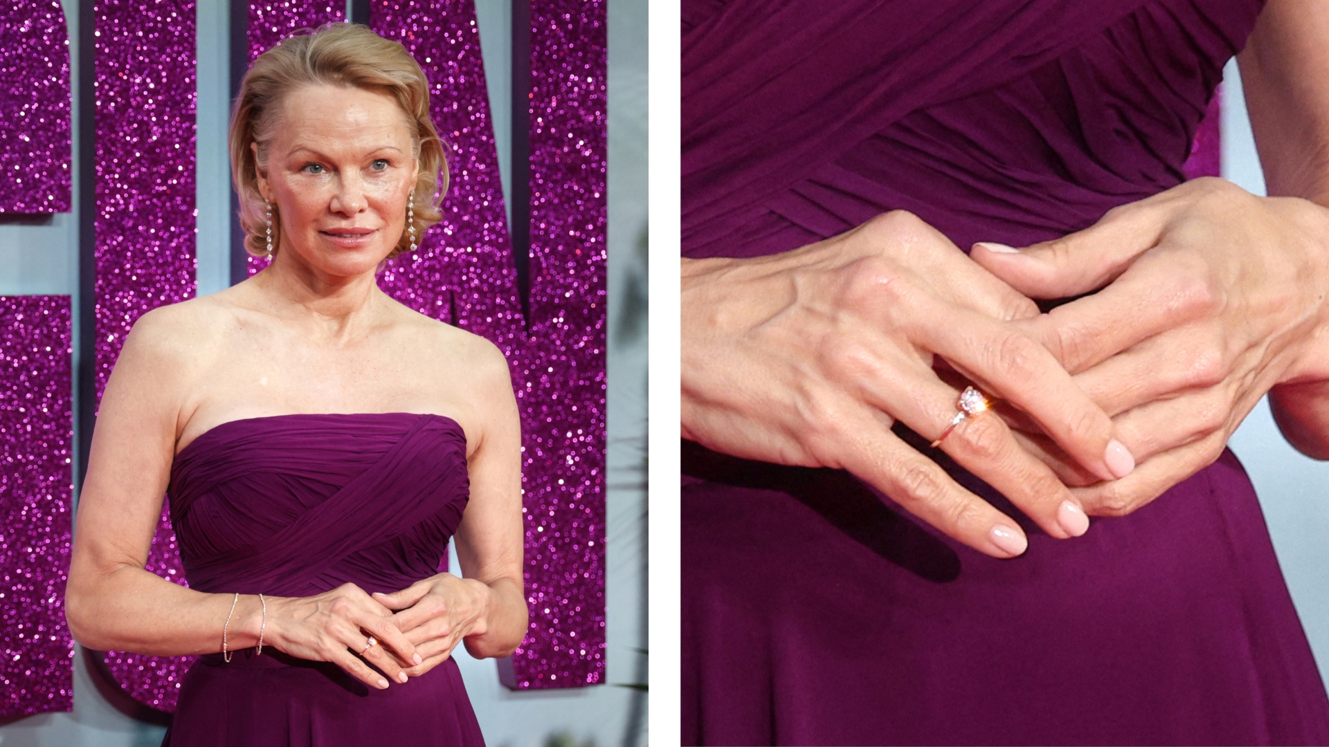 On the left is a picture of Pamela Anderson, wearing a plum-purple dress and with a pastel, sheer pink manicure on her fingernails, whilst posing on the red carpet upon arrival for the UK Premier of &amp;quot;Naked Gun&amp;quot; in Leicester Square, central London, on July 22, 2025, and on the right, is a close-up of the same picture but zoomed into her hands, to showcase her &#039;rose cream&#039; manicure