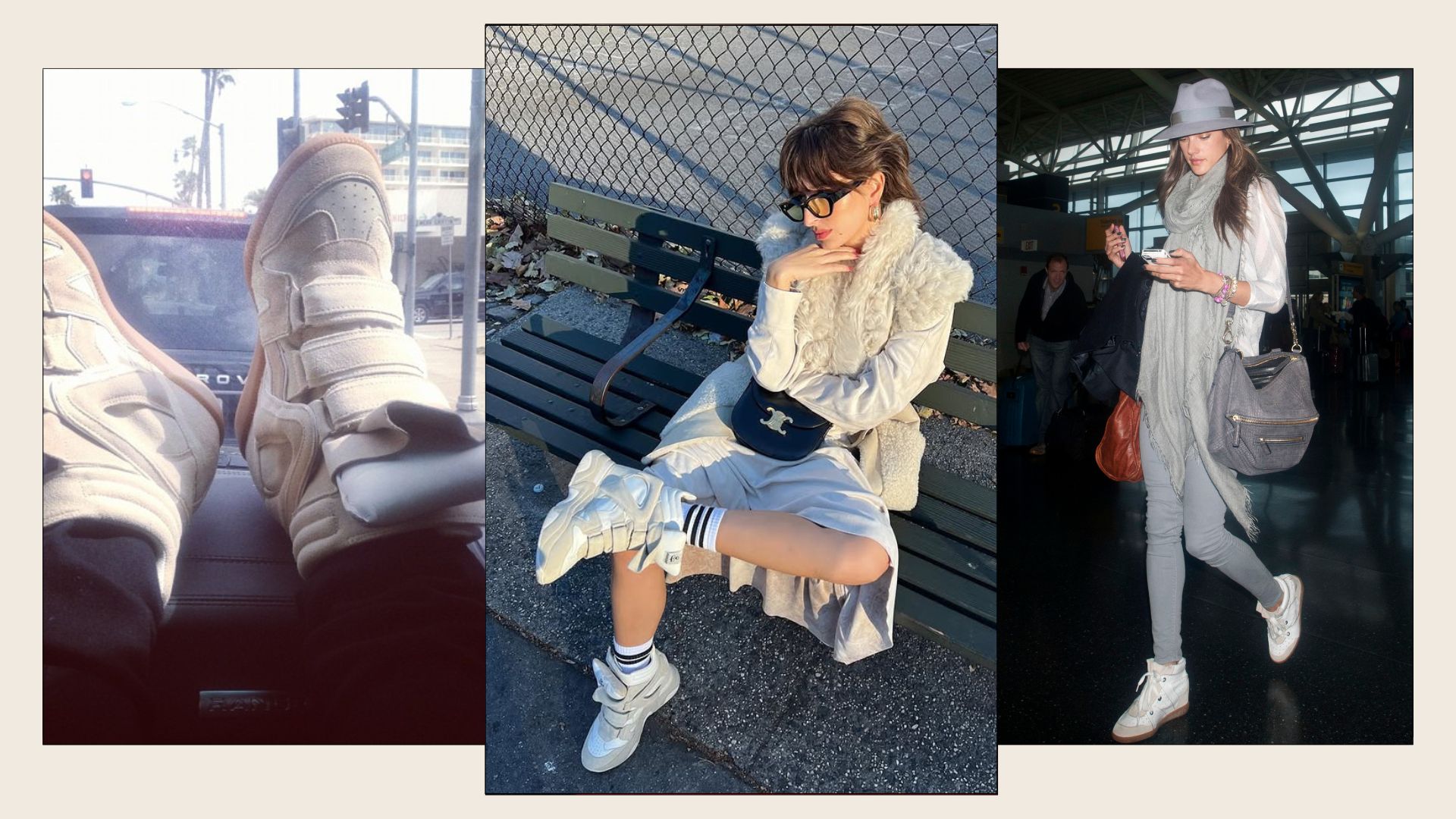 A collage of the Isabel Marant wedge trainers on Kim Kardashian, Alessandra Ambrosio and @izzipoopi