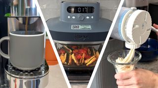 Split image of Ninja coffee maker, Ninja air fryer, and Ninja ice cream maker