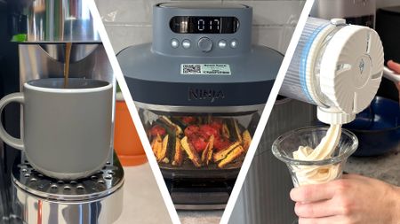 Split image of Ninja coffee maker, Ninja air fryer, and Ninja ice cream maker