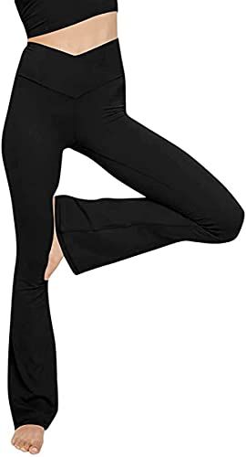 Topyogas Women's Casual Bootleg Yoga Pants V Crossover High Waisted Flare Workout Pants Leggings Black