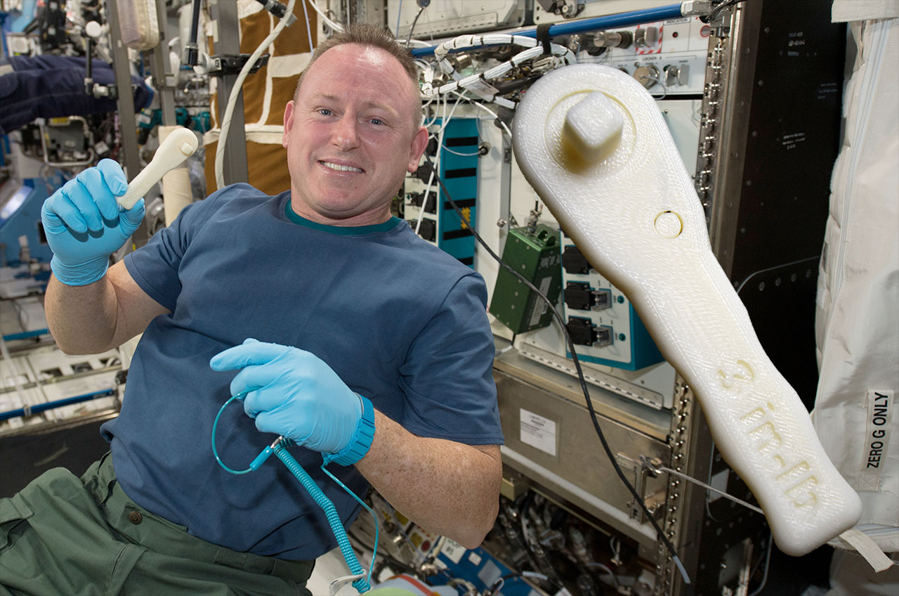 International Space Station commander Butch Wilmore shows off the ratchet wrench made with Made In Space&#039;s 3D printer on the station. The same wrench can now be printed at home.