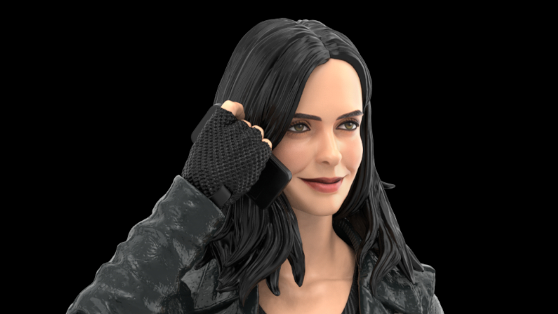 Marvel Legends Jessica Jones figure smiles while holding a phone to her ear