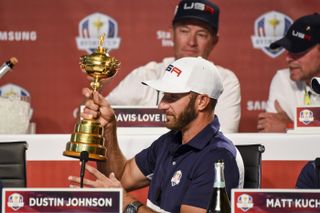 Dustin Johnson holds the Ryder Cup in 2016