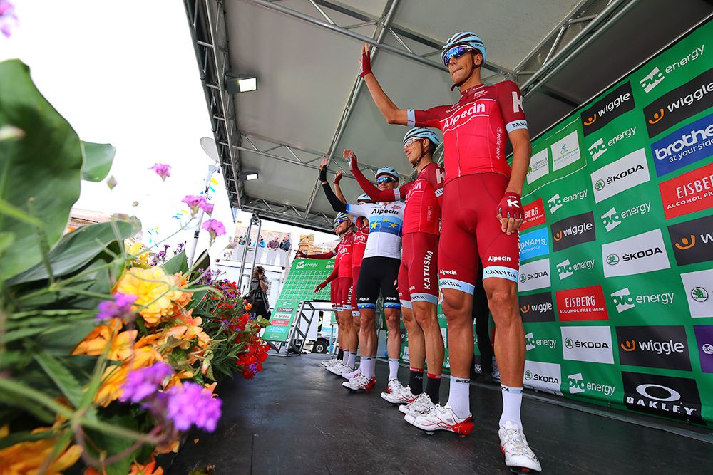 Katusha-Alpecin on stage before the start of stage 4