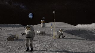 illustration of two astronauts in white spacesuits on the surface of the moon, with earth in the background