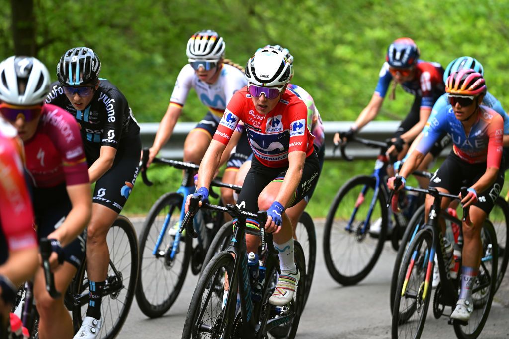 LAGOS DE COVADONGA SPAIN MAY 07 Annemiek Van Vleuten of The Netherlands and Movistar Team Red Leader Jersey competes during the 9th La Vuelta Femenina 2023 Stage 7 a 937km stage from Pola de Siero to Lagos de Covadonga 1079m UCIWWT on May 07 2023 in Lagos de Covadonga Spain Photo by Dario BelingheriGetty Images