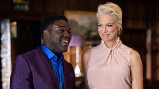From left to right Sam Richardson as Edwin Akufo and Hannah Waddingham as Rebecca Welton in the Ted Lasso episode "International Break."