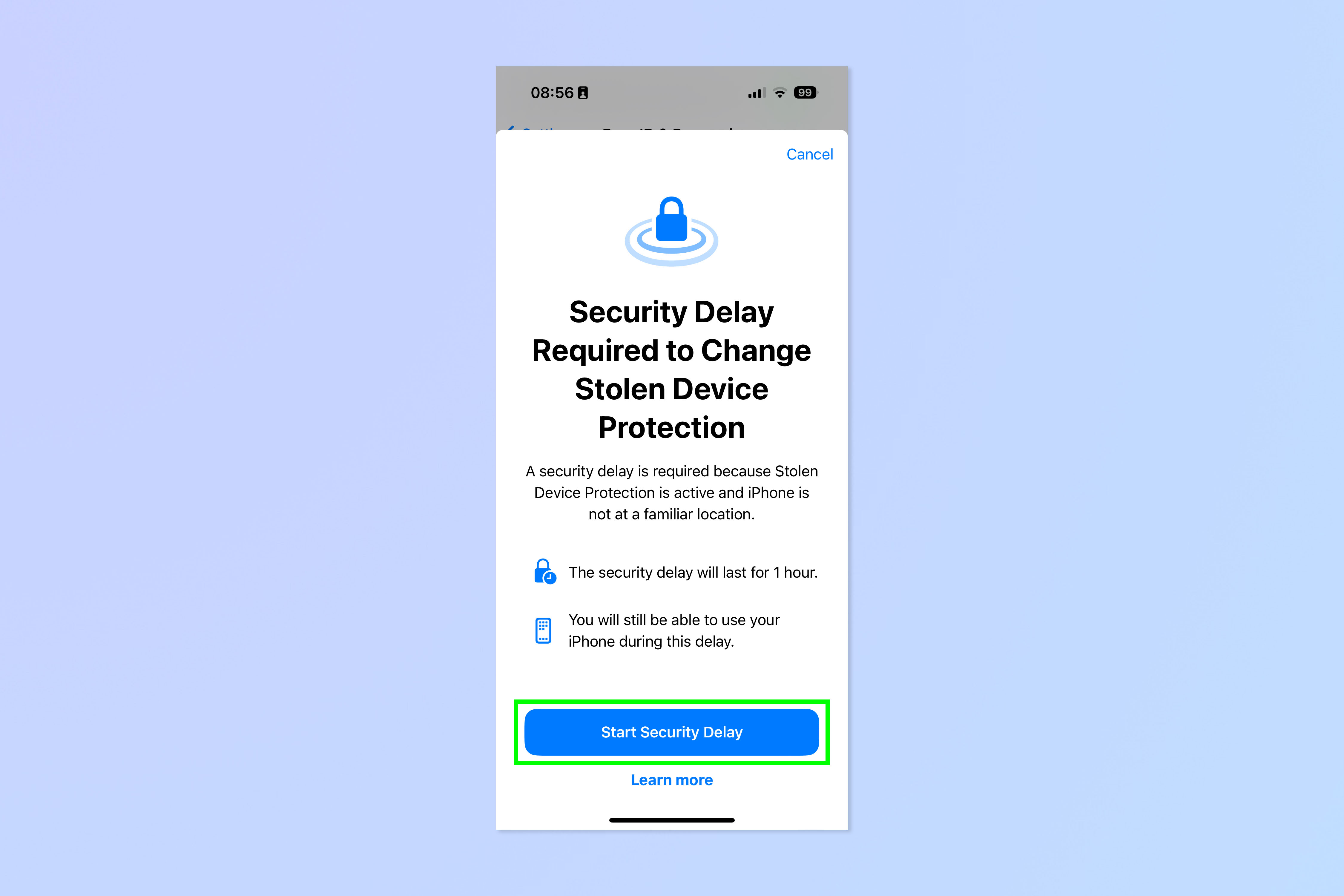 Снимок экрана, показывающий, как включать и отключать защиту от украденных устройств на iPhone.