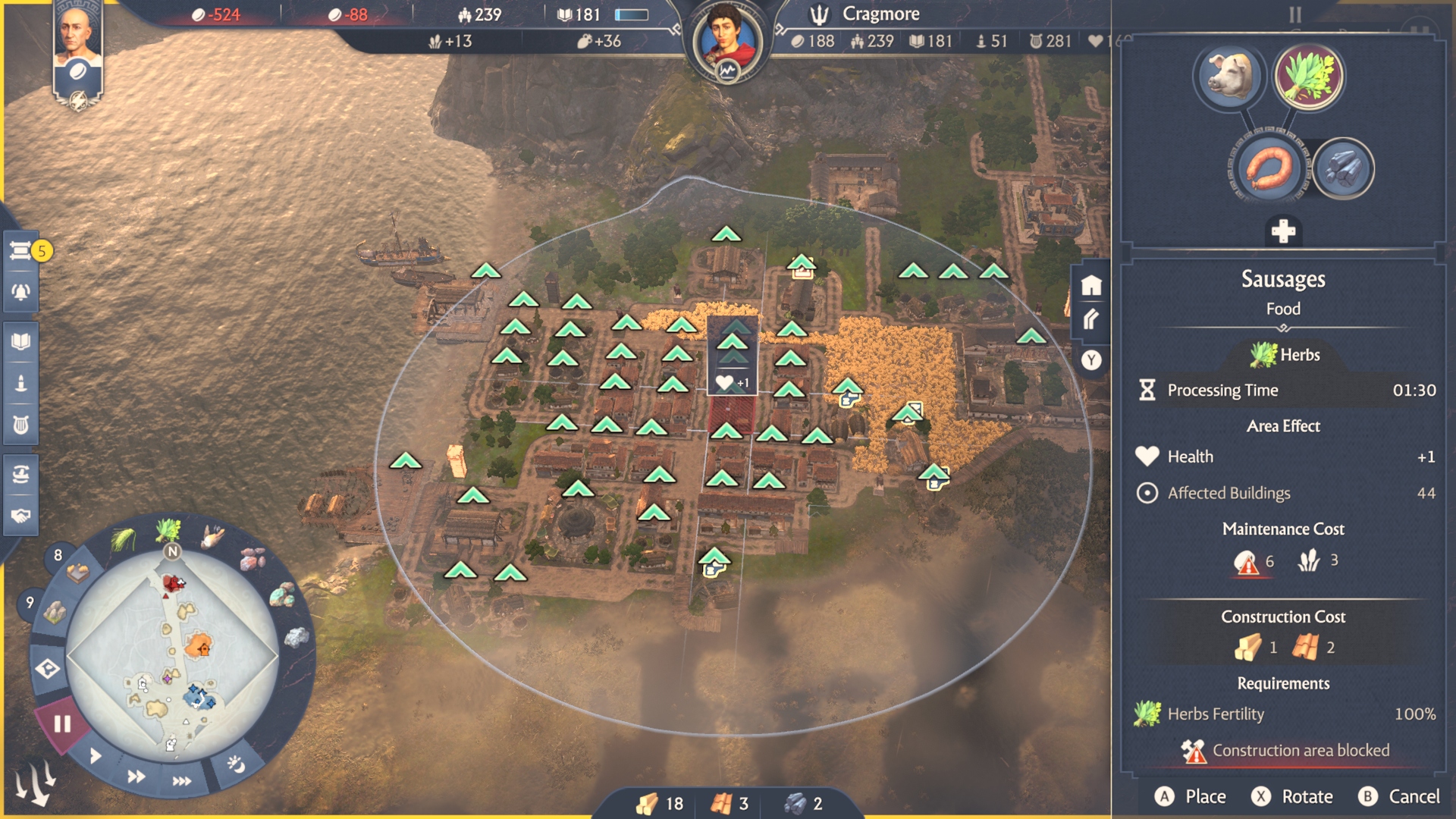 Placing the sausage production line in Anno 117 Pax Romana