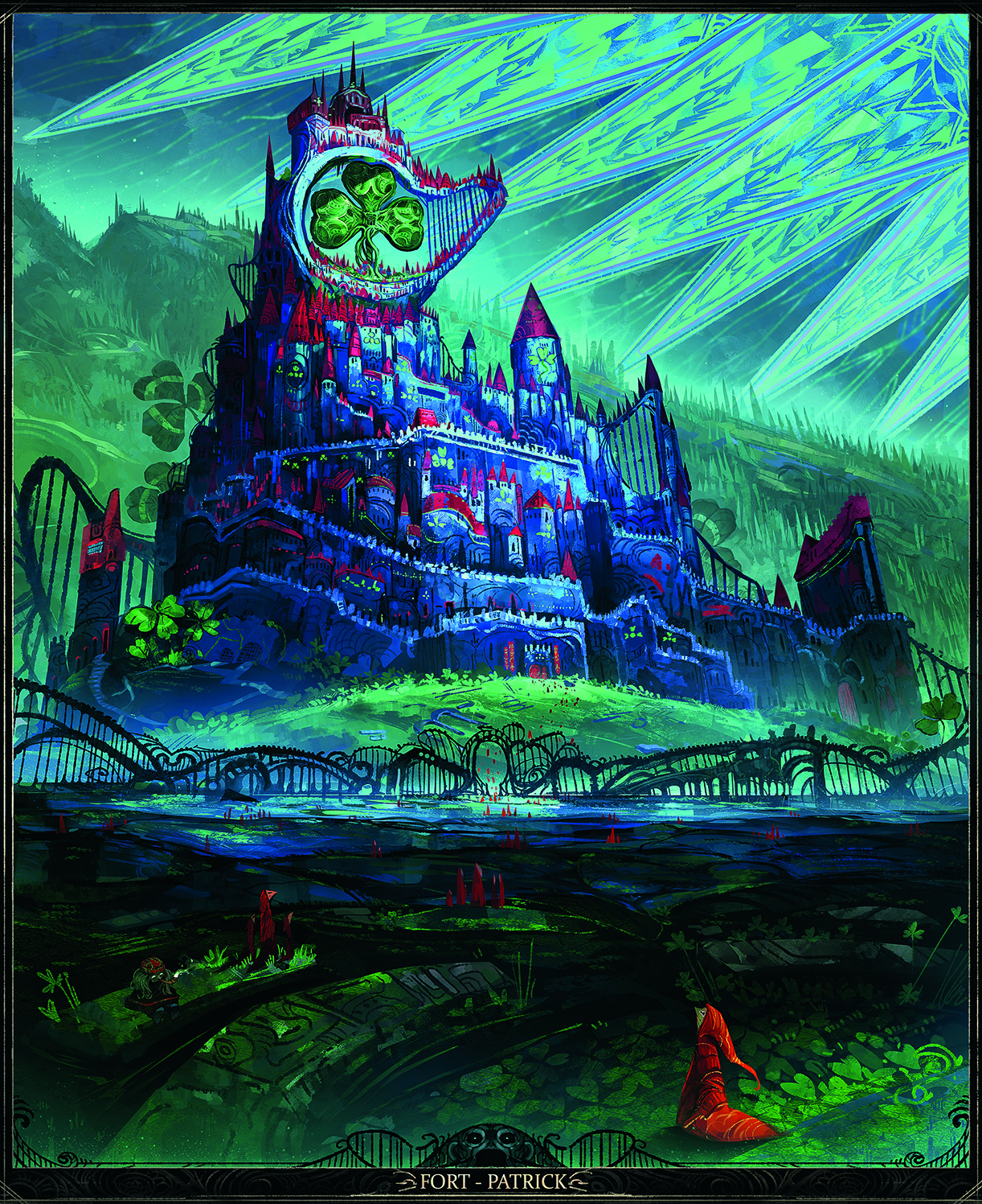 2D art; a blue city on a hill