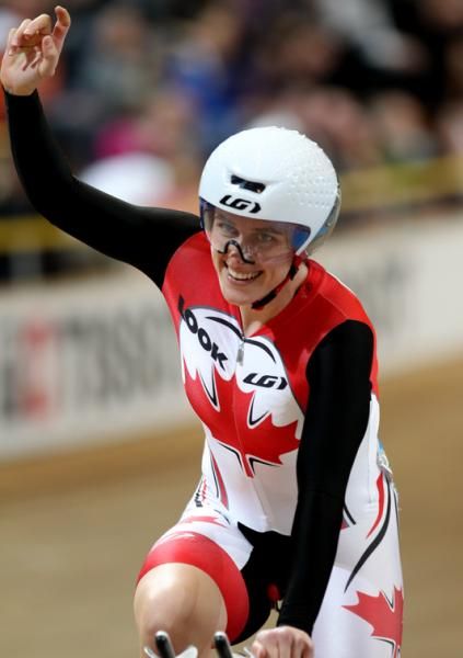 Tara Whitten celebrating her Omnium victory.