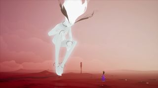 A towering white lady looks down at a runner against a crimson desert made of goo