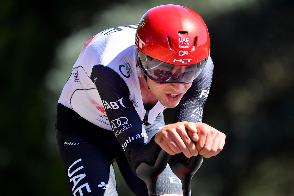 Jay Vine (UAS Team Emirates) riding toward victory in the elite men&#039;s time trial at the AusCycling Road National Championships 2023