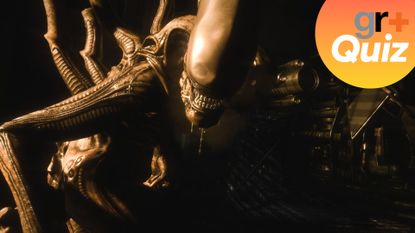 Horror games quiz: a screenshot of a Xenomorph in Alien Isolation with the GamesRadar+ quiz logo in the corner of the picture. 
