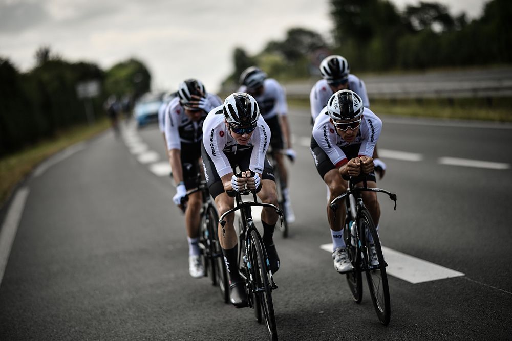 Team Sky head out for a training ride on their time trial bikes wearing new Sky Ocean Rescue kits ahead of the Tour de France