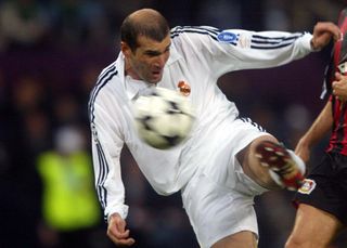 Real Madrid's Zinedine Zidane hits a volley in the 2002 Champions League final against Bayer Leverkusen.