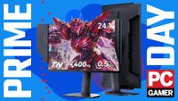 A KTC 25M1 gaming monitor, front and back, on a custom PC Gamer Prime Day background.