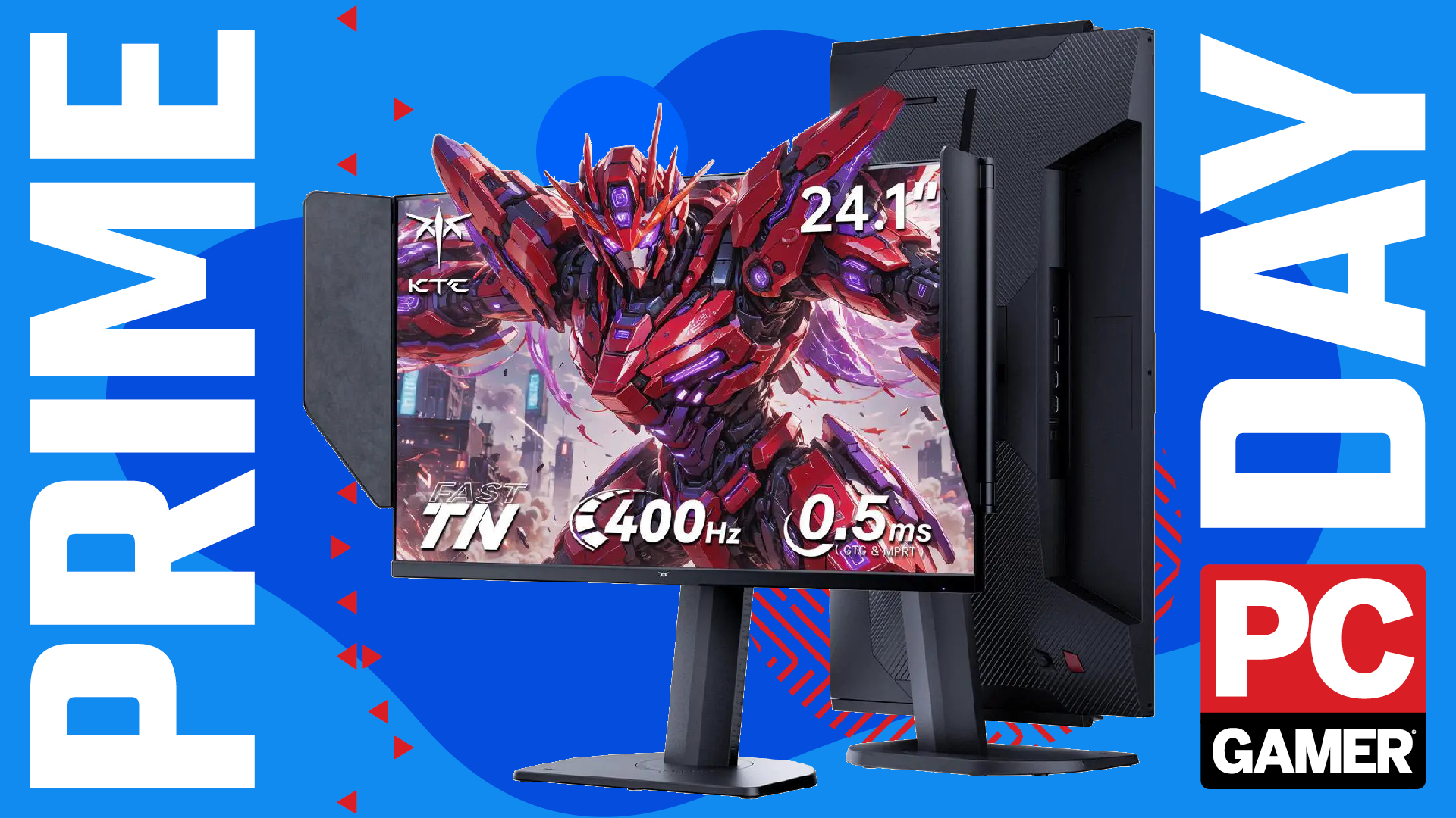 A KTC 25M1 gaming monitor, front and back, on a custom PC Gamer Prime Day background.