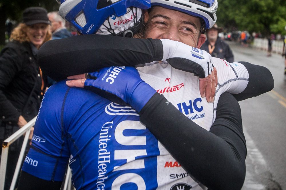 Kiel Reijnen (UnitedHealthcare) congratulated by a teammate after taking the win.