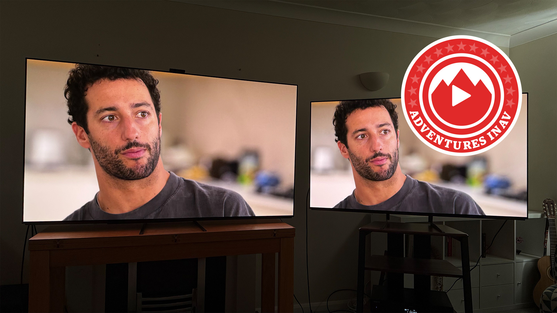 The Sony A95L and Bravia 8 II OLED TVs pictured side by side in a living room. On the screens is a still from Netflix&#039;s Drive To Survive documentary, and in the corner of the photo is a red logo that says &#039;Adventures in AV&#039;