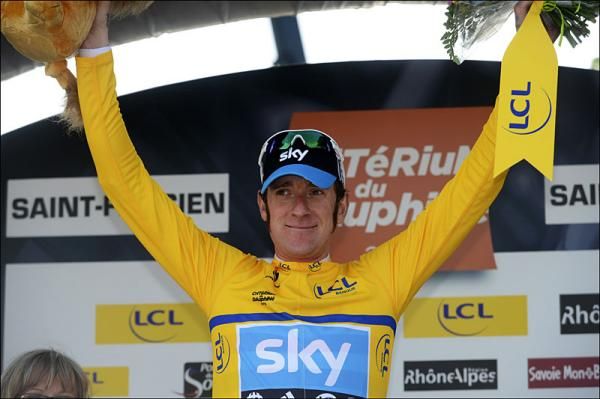 Overall race leader Bradley Wiggins (Sky) on the podium