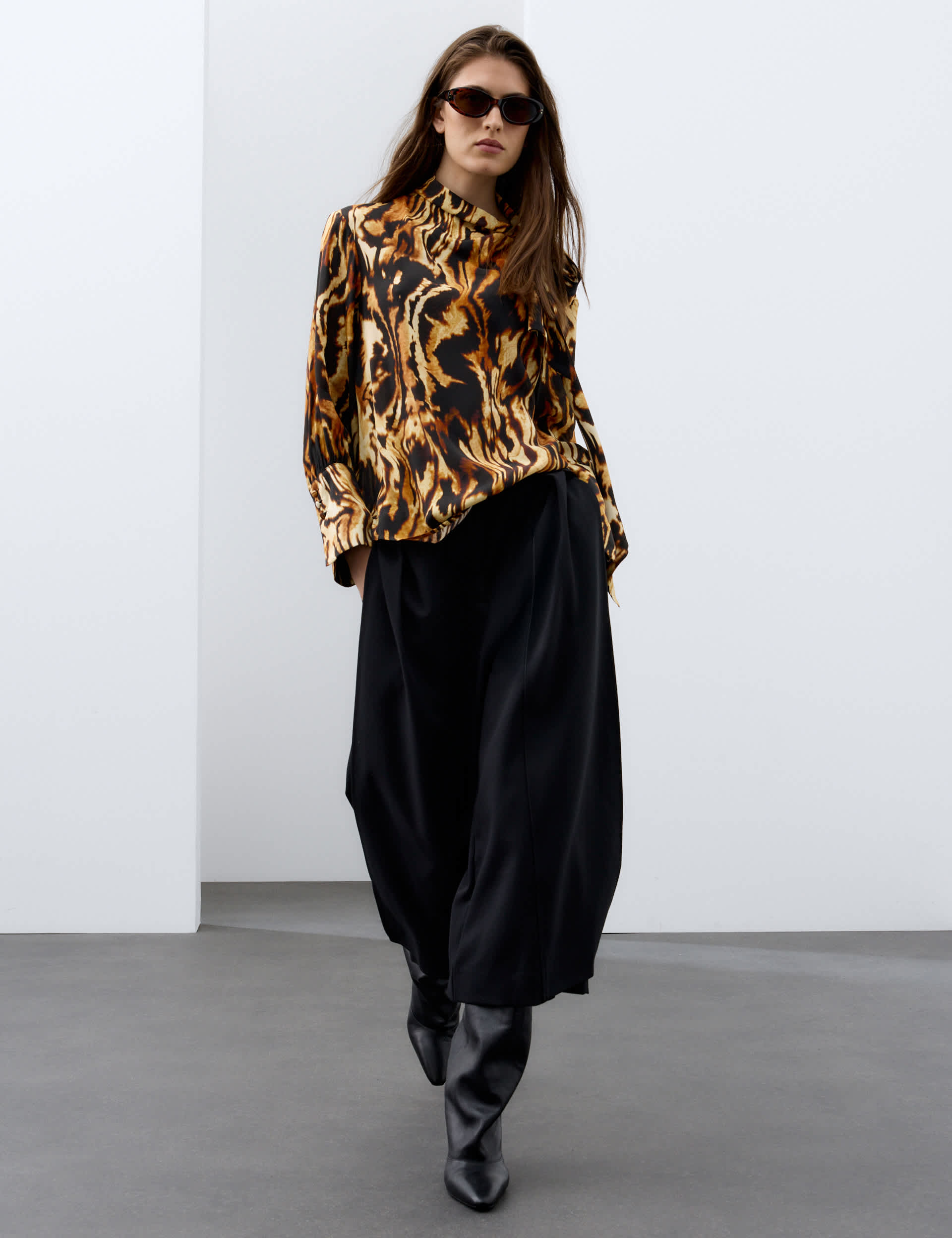 Animal Print Tie Neck Blouse With Silk