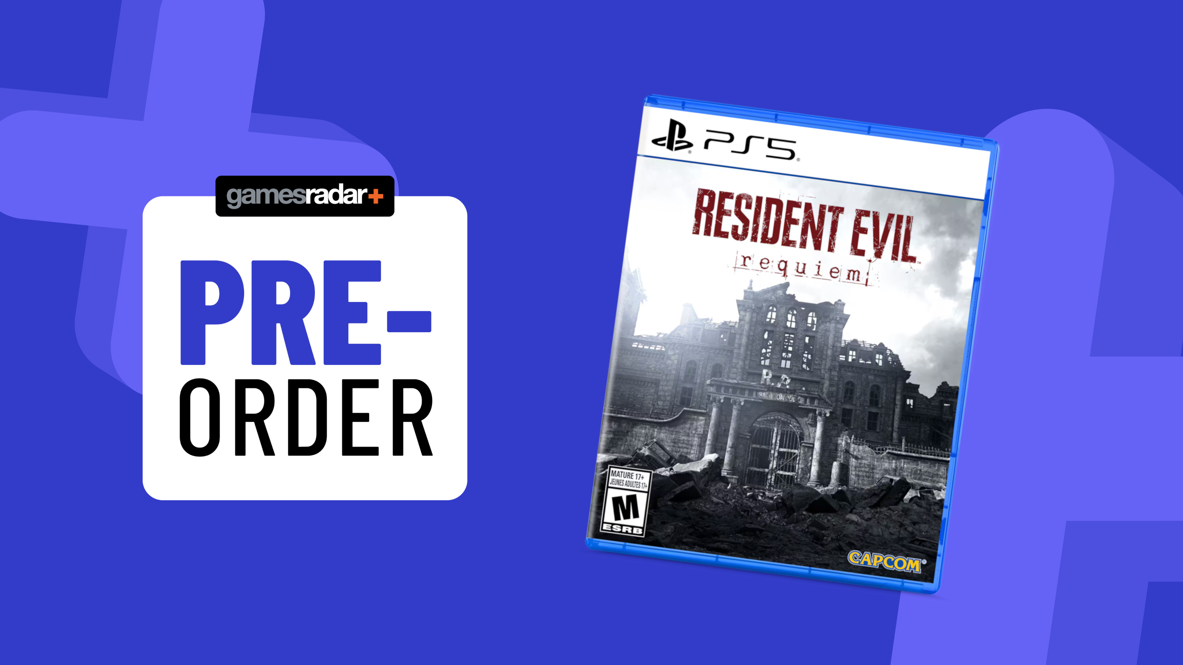Resident Evil Requiem on PS5 on a blue background with pre-order badge