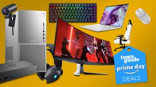 Various Alienware computing tech on a yellow background