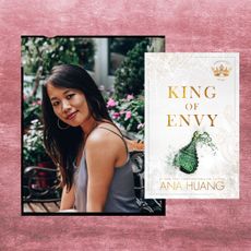 a headshot of author ana huang sitting in a garden and an image of her new book cover, the king of envy