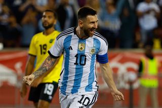 Argentina forward Lionel Messi (10) celebrates after scoring during the international friendly soccer game between Argentina and Jamaica on September 27, 2022 at Red Bull Arena in Harrison, New Jersey.