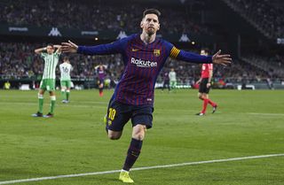 Lionel Messi celebrates after scoring for Barcelona against Real Betis in March 2019.