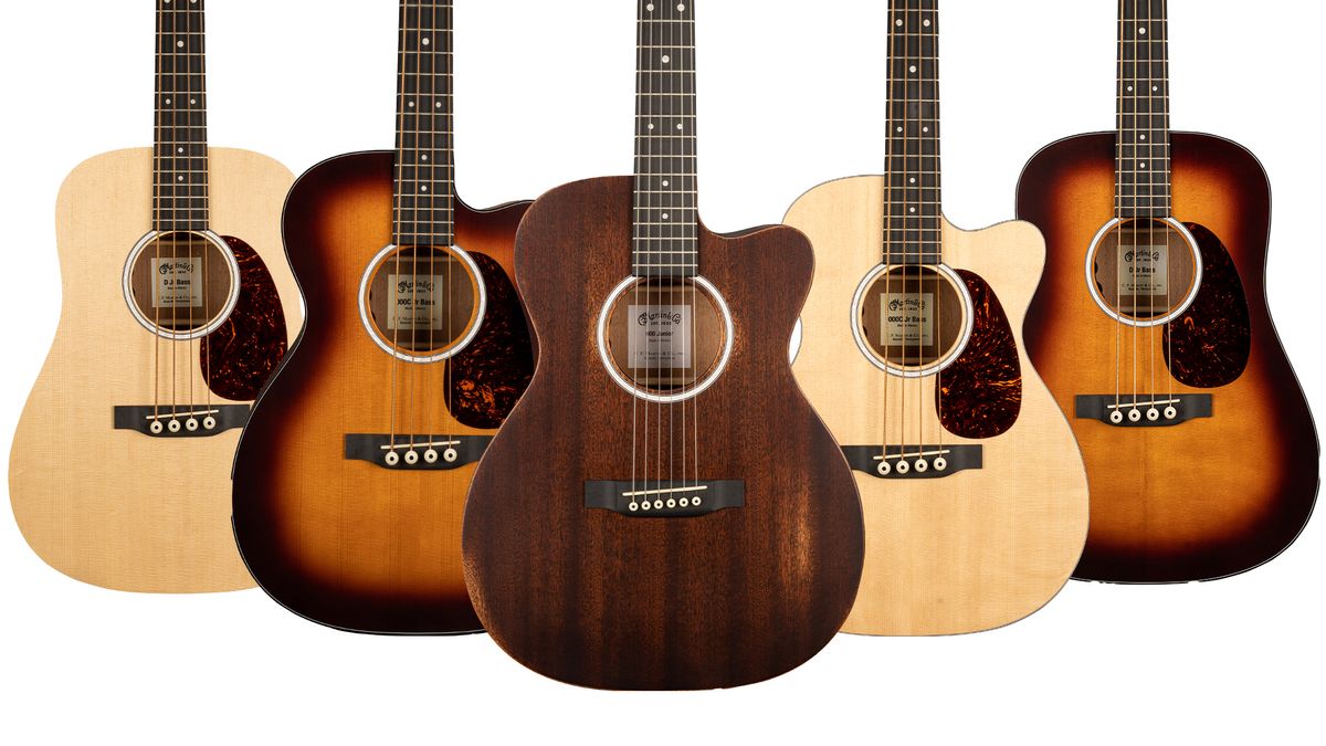 Martin&#039;s new Jr. acoustic basses and 000CJR-10E StreetMaster acoustic guitar (center)