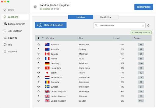 IPVanish server list on app
