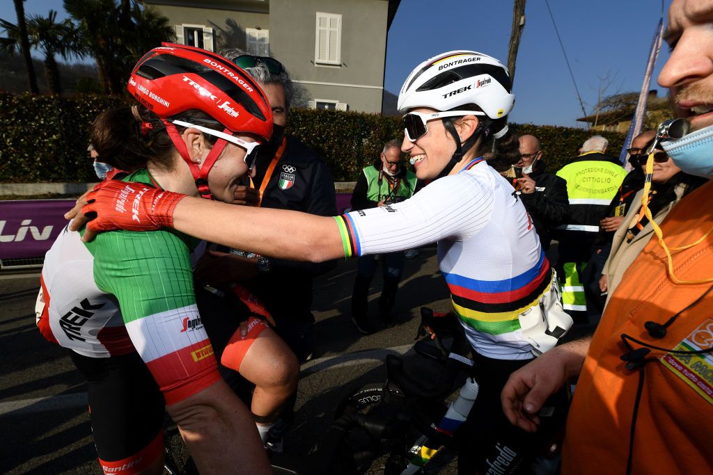 CITTIGLIO ITALY MARCH 20 LR Elisa Longo Borghini of Italy congratulates her teammate Elisa Balsamo of Italy and Team Trek Segafredo after winner the 46th Trofeo Alfredo BindaComune di Cittiglio 2021 Womens Elite a 1418km one day race from Cocquio Trevisago to Cittiglio TrBinda UCIWWT on March 20 2022 in Cittiglio Italy Photo by Tim de WaeleGetty Images