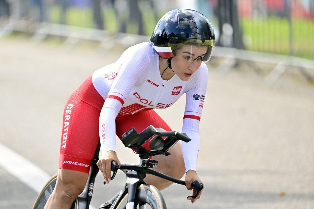 Poland's Marta Jaskulska cycles during the Elite women's time trial at the UEC Road Cycling European Championships, in Hasselt, on September 11, 2024. (Photo by DIRK WAEM / Belga / AFP) / Belgium OUT