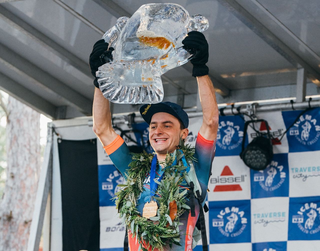 Alexey Vermeulen hoists the Ice Trophy at Iceman Cometh Challenge for a third time