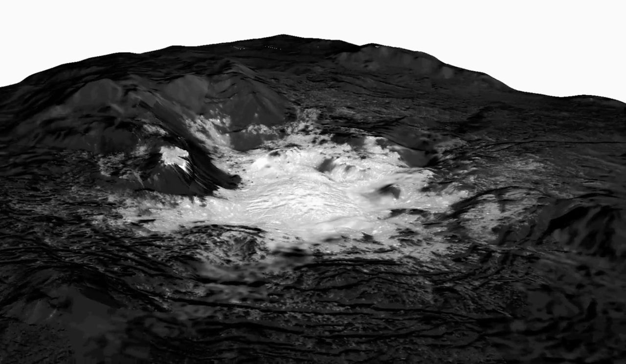 This mosaic of a bright spot on the dwarf planet Ceres known as Cerealia Facula combines images captured by NASA&rsquo;s Dawn spacecraft from altitudes as low as 22 miles (35 km) above Ceres' surface. The mosaic is overlain on a topography model based on images obtained during Dawn's low-altitude mapping orbit (240 miles, or 385 km altitude). No vertical exaggeration was applied.