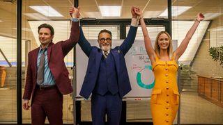 (L to R) Chris Evans, Andy Garcia and Emily Blunt in Pain Hustlers, a new Netflix movie coming October 27, 2023.