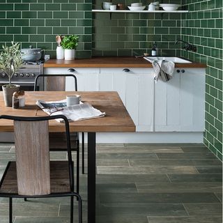 Kitchen floor tile ideas with green tiles and wood floor