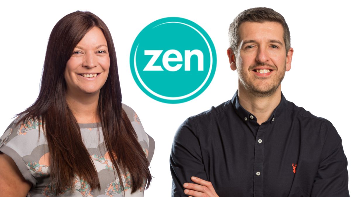 Two new appointments&amp;#039; headshots against a white background with the Zen Internet logo placed between them