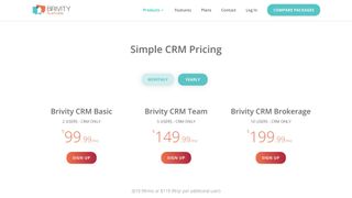 Three pricing options for a monthly purchase of Brivity CRM