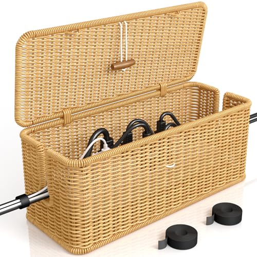 Aocii Handmade Cable Box, Rattan Cable Management Box, Under Desk Cable Organiser Box for Tv Wires, Power Strip, Tangle Hide Desk, Socket Box for Office, Home