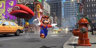 Mario flings Cappy in Super Mario Odyssey.