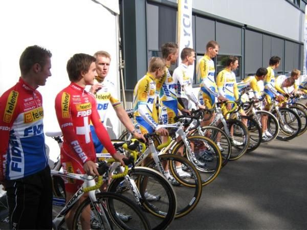 The rider line-up outside the new Ridley HQ