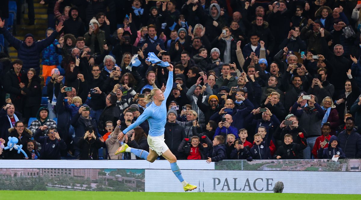 Manchester City striker Erling Haaland celebrates by removing his shirt after scoring his team&#039;s winning goal with a penalty in the Premier League match between Manchester City and Fulham on 5 November, 2022 at the Etihad Stadium, Manchester, United Kingdom