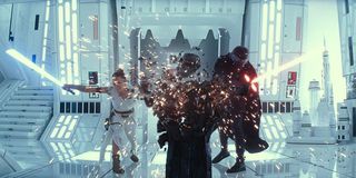 Rey and Kylo Ren dueling and destroying Darth Vader's helmet