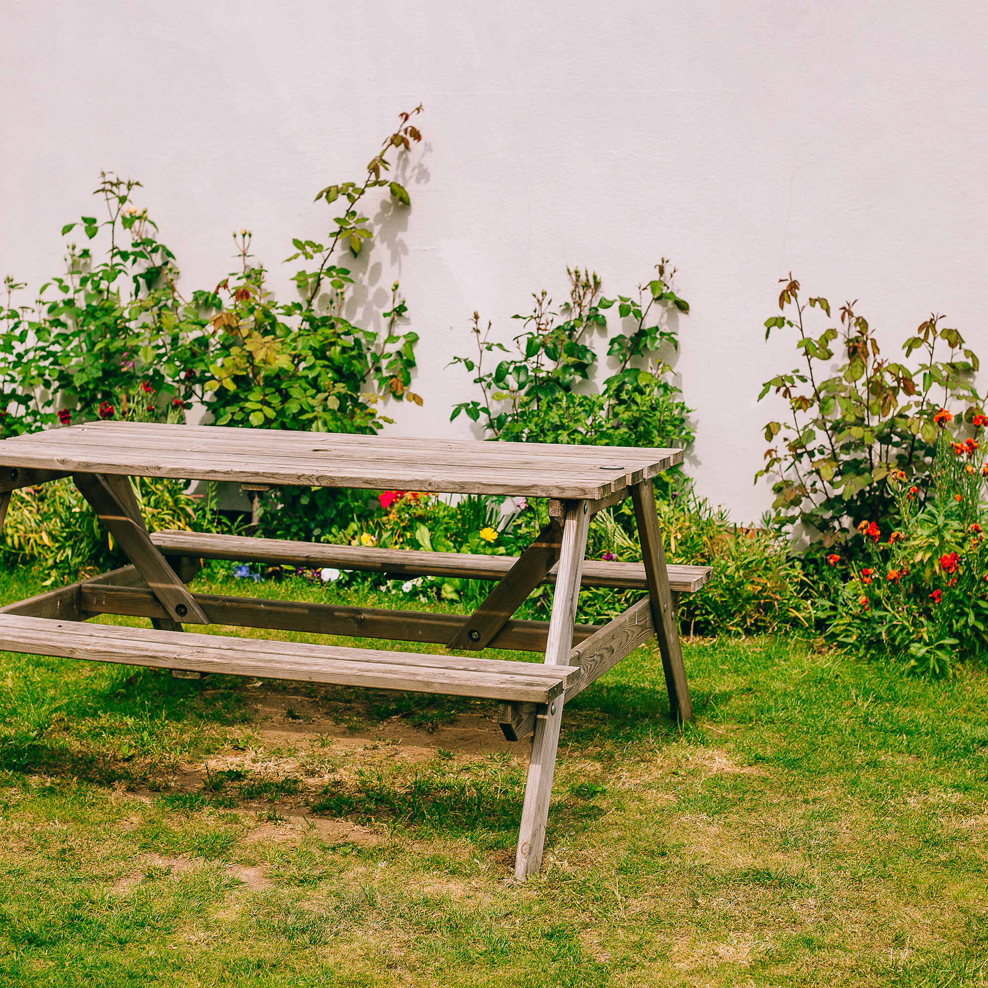 wooden picnic table with brown grass beneath