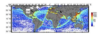 Satellite data highlights a marked increase in global shipping, especially along popular trade routes. Colors indicate the number of ships detected during the study.